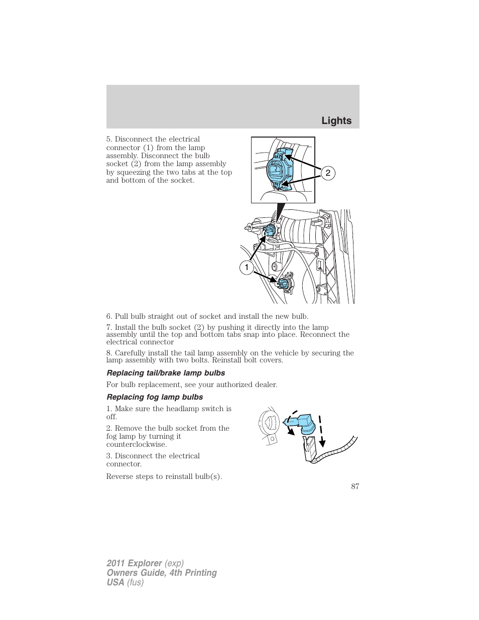 Replacing tail/brake lamp bulbs, Replacing fog lamp bulbs, Lights | FORD 2011 Explorer v.3 User Manual | Page 87 / 442