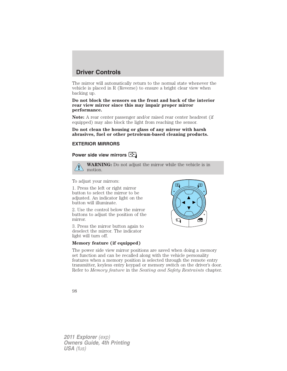Exterior mirrors, Power side view mirrors, Driver controls | FORD 2011 Explorer v.3 User Manual | Page 98 / 442