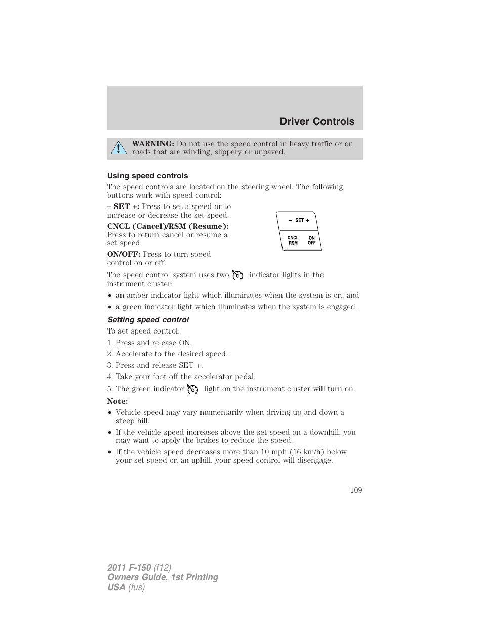 Using speed controls, Setting speed control, Driver controls | FORD 2011 F-150 v.1 User Manual | Page 109 / 461