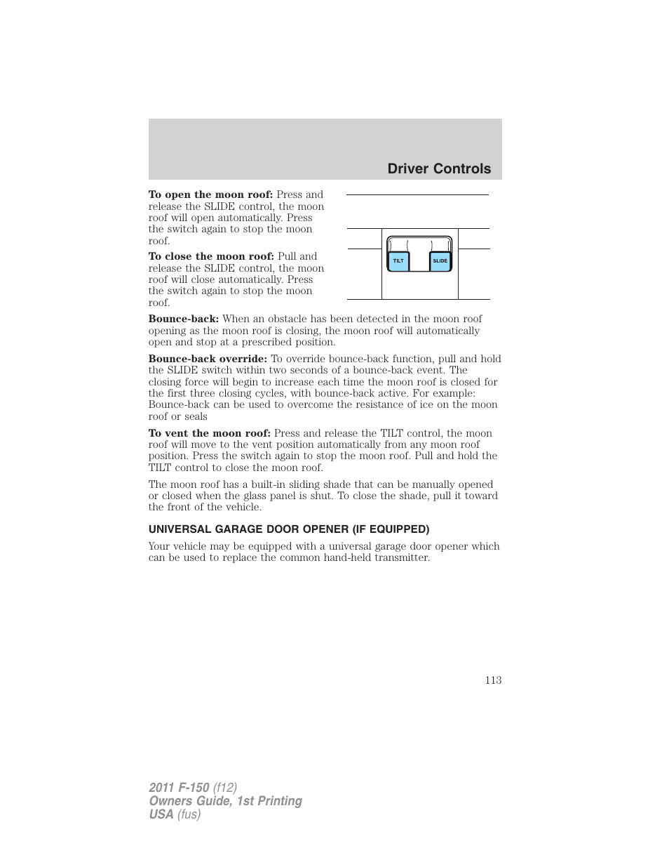 Universal garage door opener (if equipped), Driver controls | FORD 2011 F-150 v.1 User Manual | Page 113 / 461