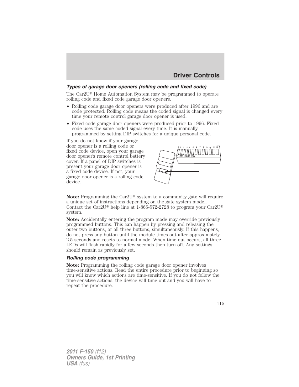 Rolling code programming, Driver controls | FORD 2011 F-150 v.1 User Manual | Page 115 / 461