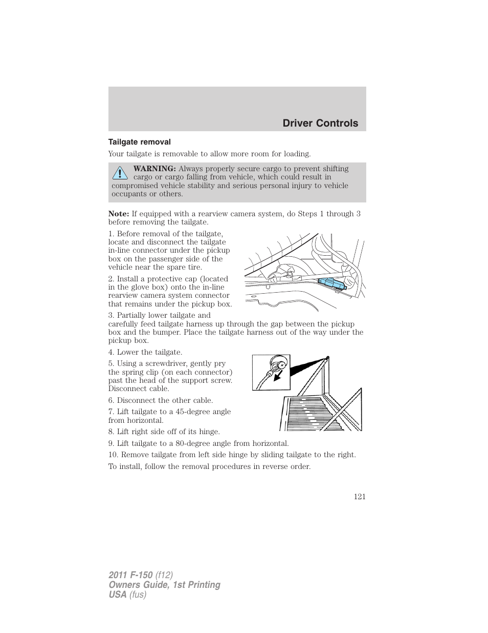 Tailgate removal, Driver controls | FORD 2011 F-150 v.1 User Manual | Page 121 / 461