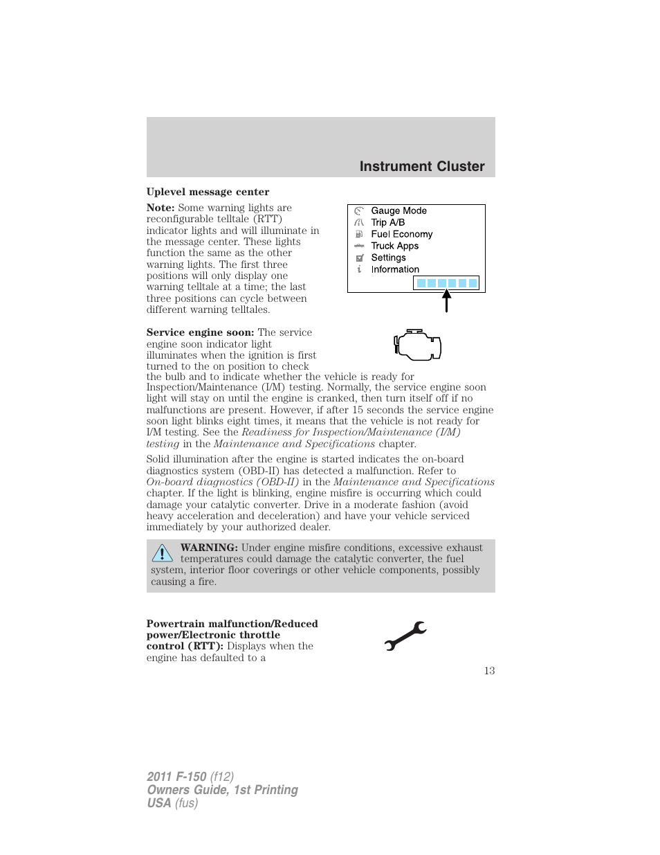 Instrument cluster | FORD 2011 F-150 v.1 User Manual | Page 13 / 461