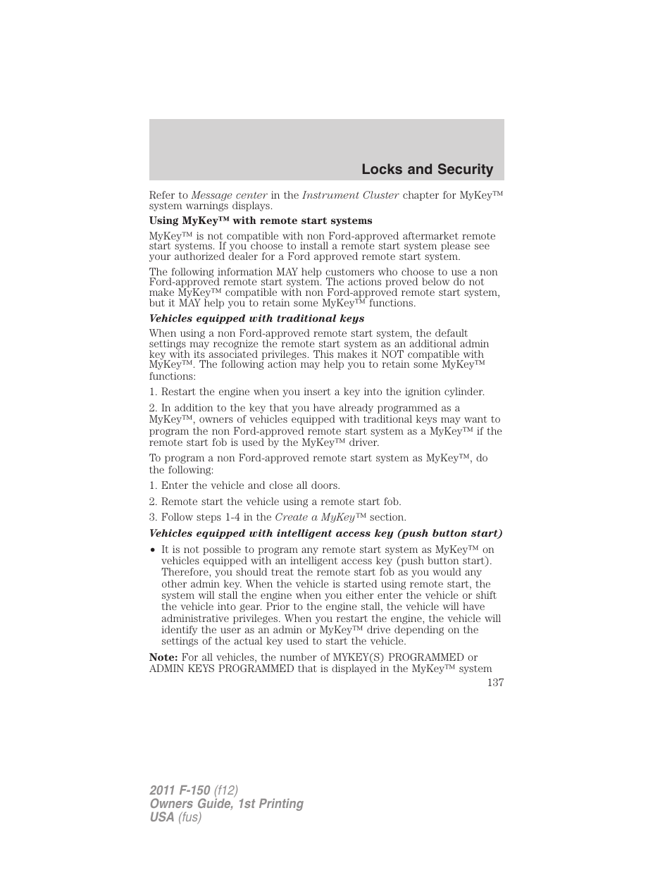 Locks and security | FORD 2011 F-150 v.1 User Manual | Page 137 / 461