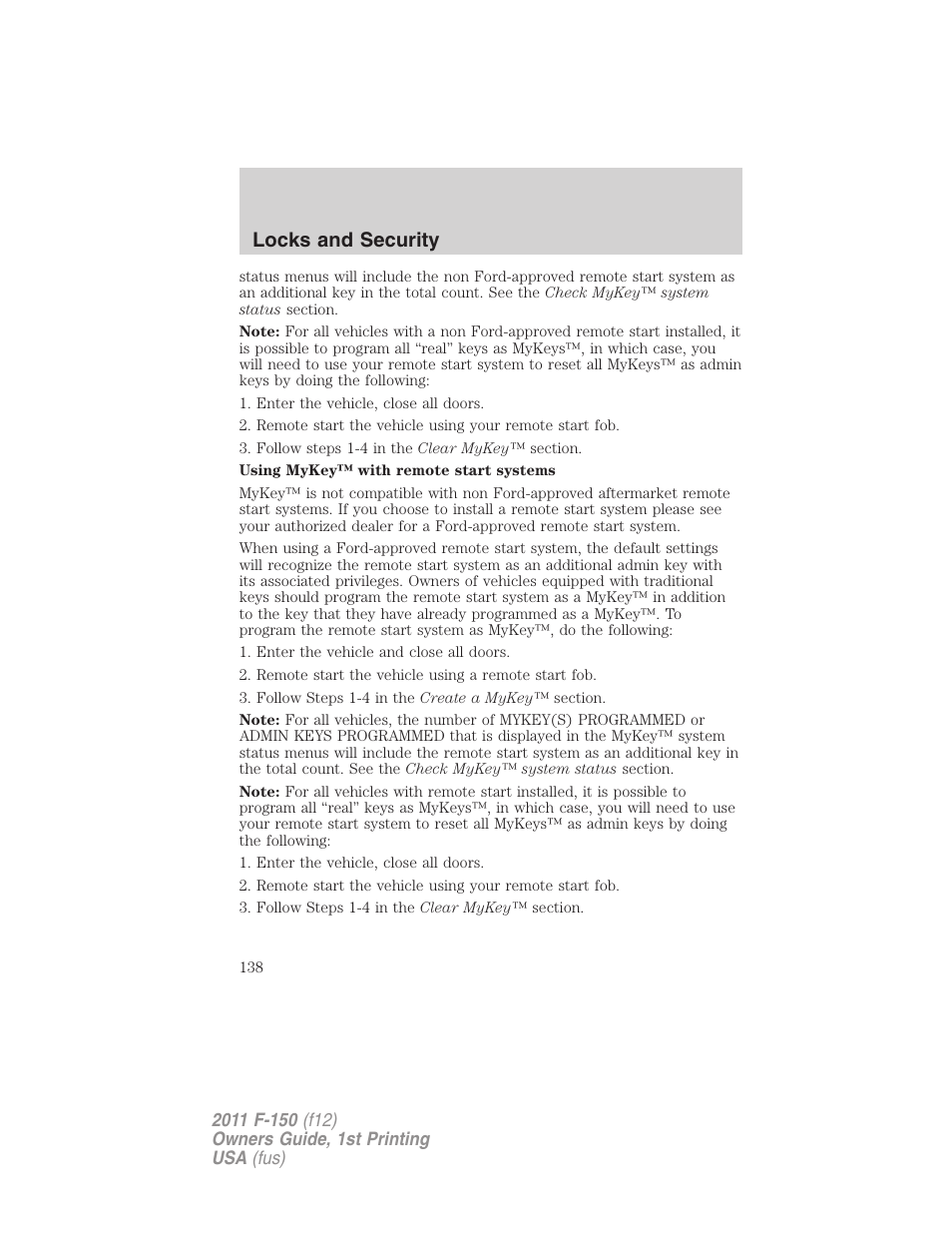 Locks and security | FORD 2011 F-150 v.1 User Manual | Page 138 / 461