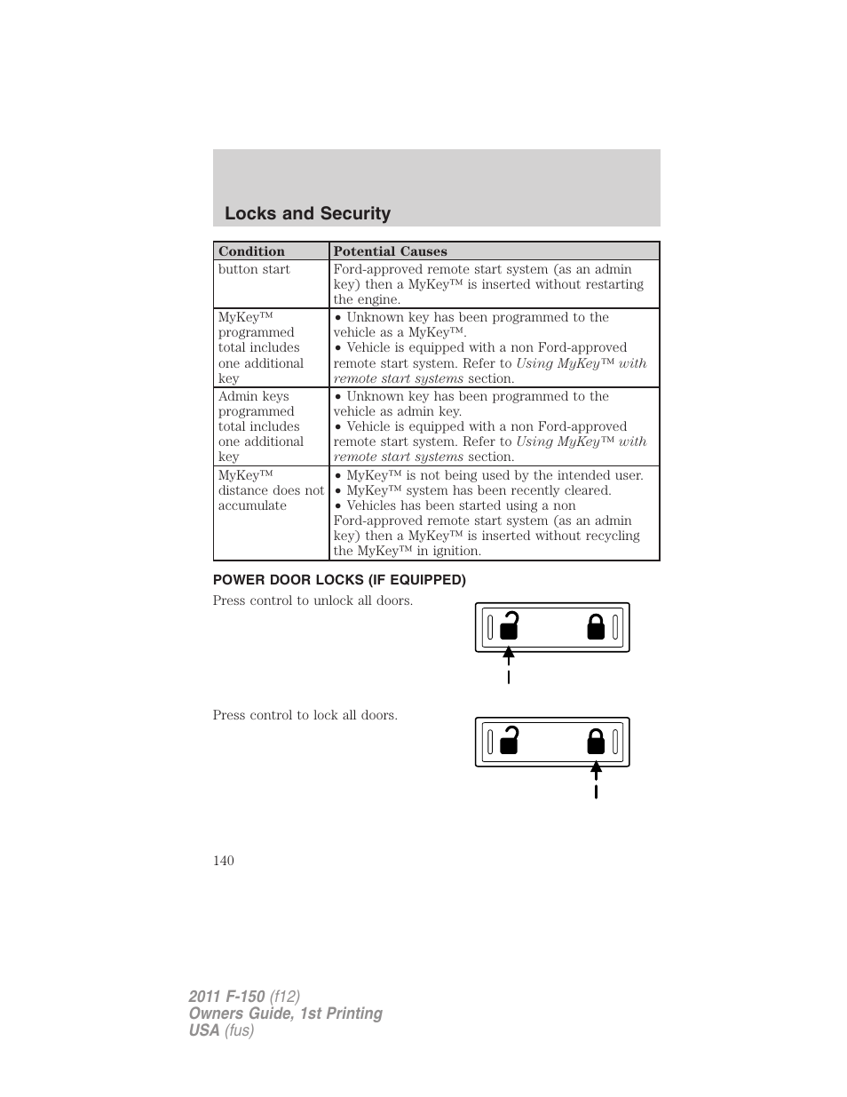 Power door locks (if equipped), Locks, Locks and security | FORD 2011 F-150 v.1 User Manual | Page 140 / 461