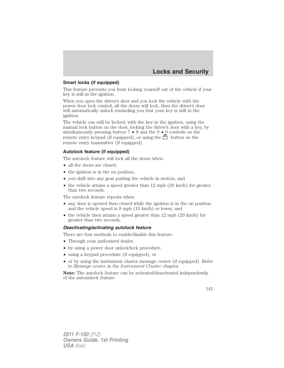Smart locks (if equipped), Autolock feature (if equipped), Deactivating/activating autolock feature | Locks and security | FORD 2011 F-150 v.1 User Manual | Page 141 / 461