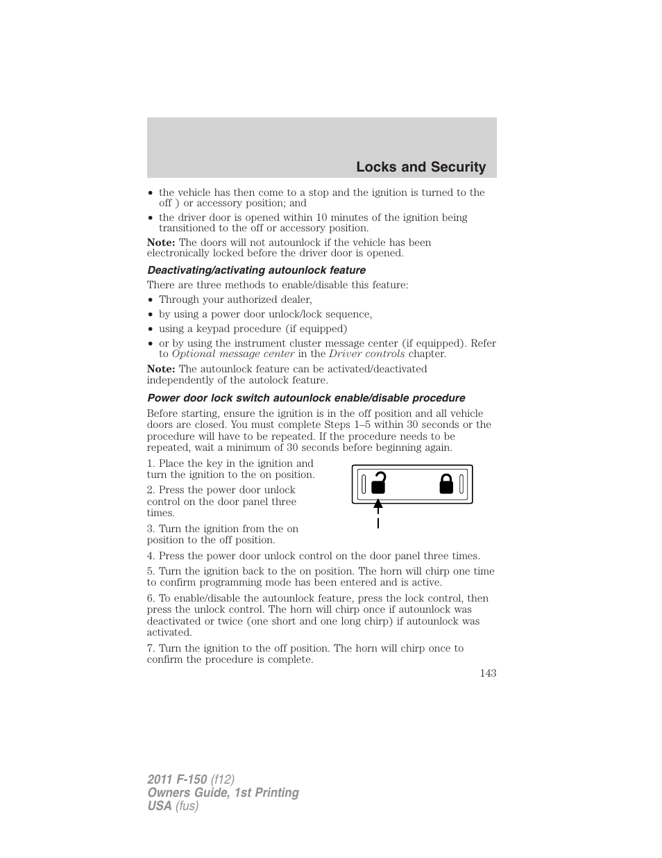 Deactivating/activating autounlock feature, Locks and security | FORD 2011 F-150 v.1 User Manual | Page 143 / 461