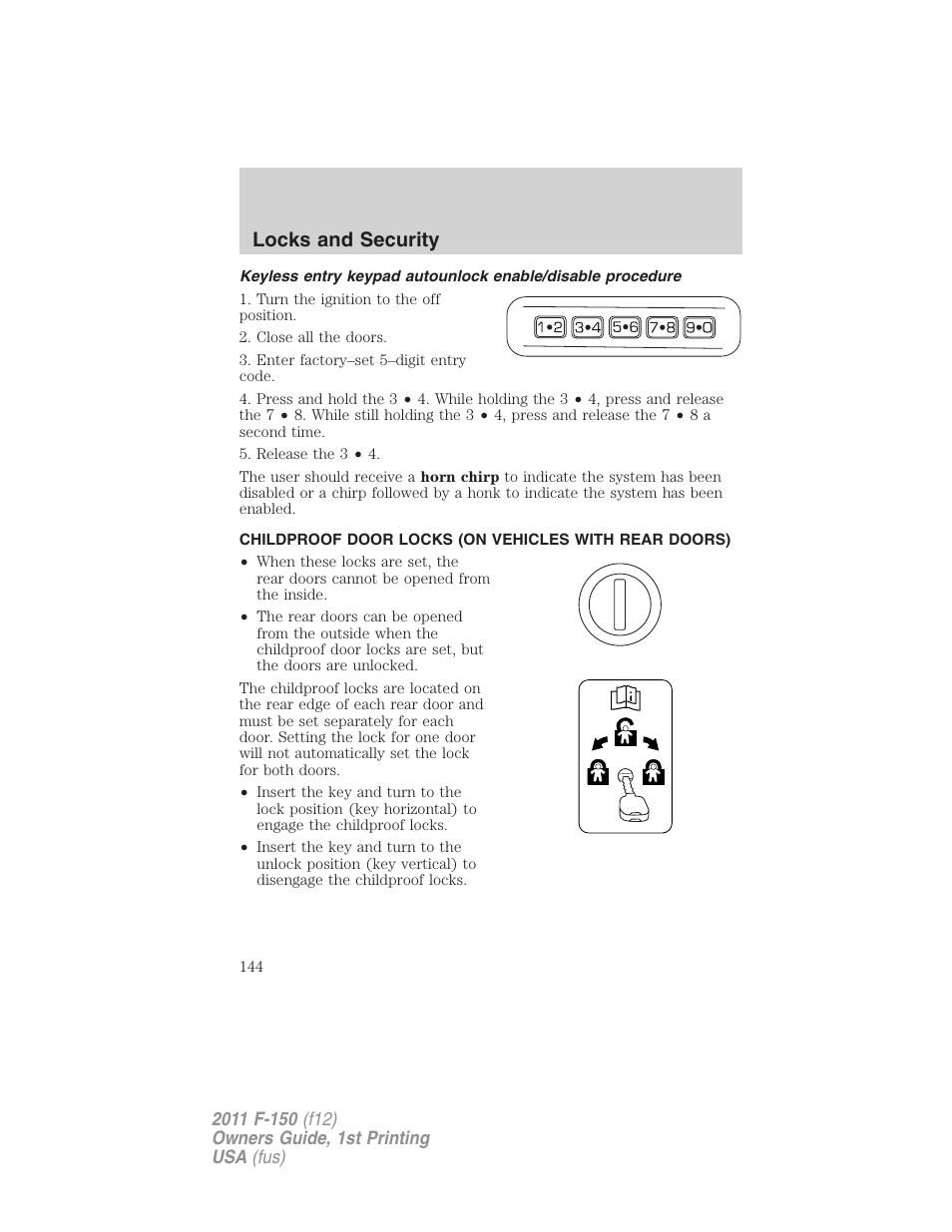 Locks and security | FORD 2011 F-150 v.1 User Manual | Page 144 / 461