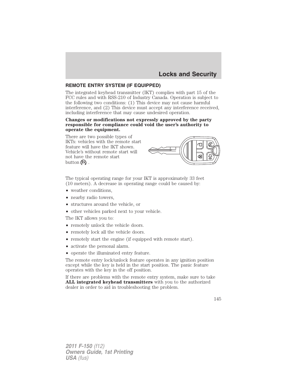 Remote entry system (if equipped), Locks and security | FORD 2011 F-150 v.1 User Manual | Page 145 / 461