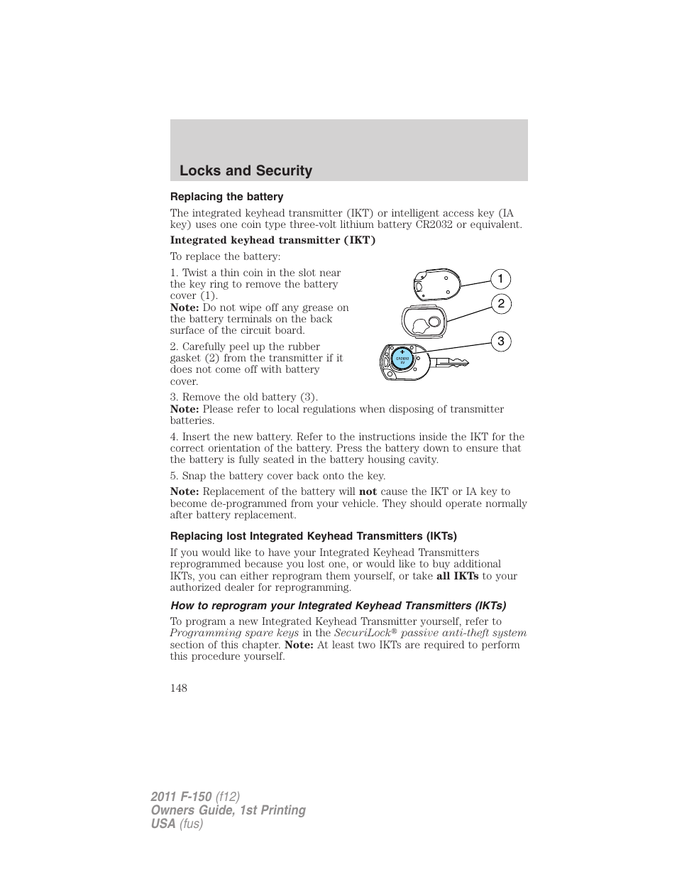 Replacing the battery, Locks and security | FORD 2011 F-150 v.1 User Manual | Page 148 / 461