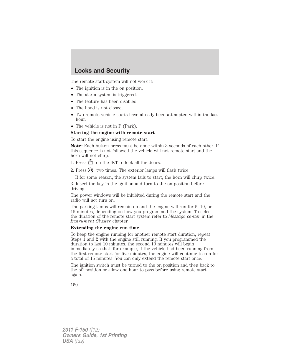 Locks and security | FORD 2011 F-150 v.1 User Manual | Page 150 / 461