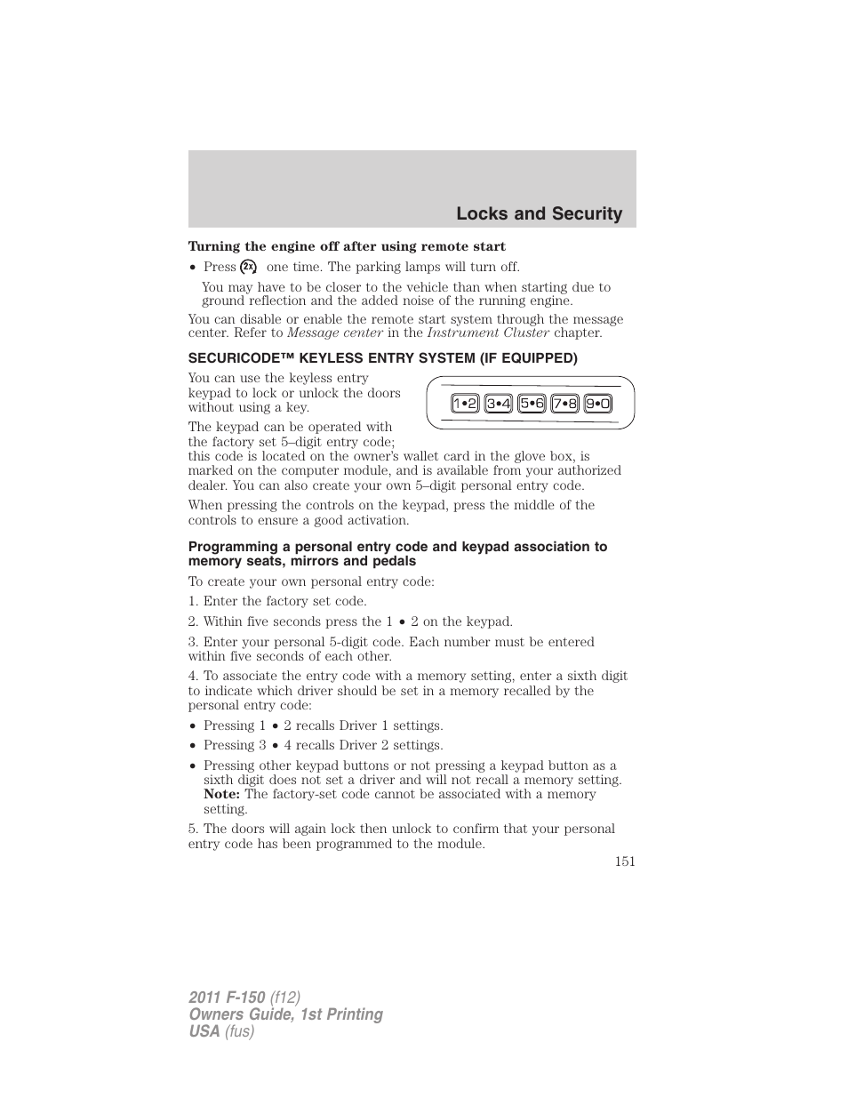 Securicode™ keyless entry system (if equipped), Locks and security | FORD 2011 F-150 v.1 User Manual | Page 151 / 461