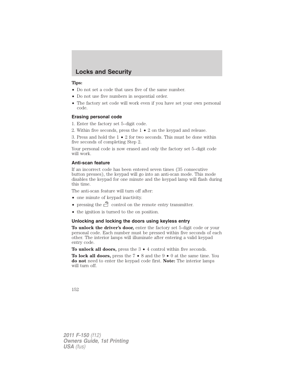 Erasing personal code, Anti-scan feature, Locks and security | FORD 2011 F-150 v.1 User Manual | Page 152 / 461