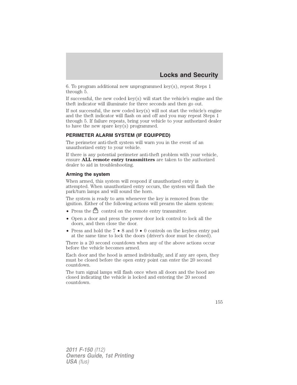 Perimeter alarm system (if equipped), Arming the system, Locks and security | FORD 2011 F-150 v.1 User Manual | Page 155 / 461