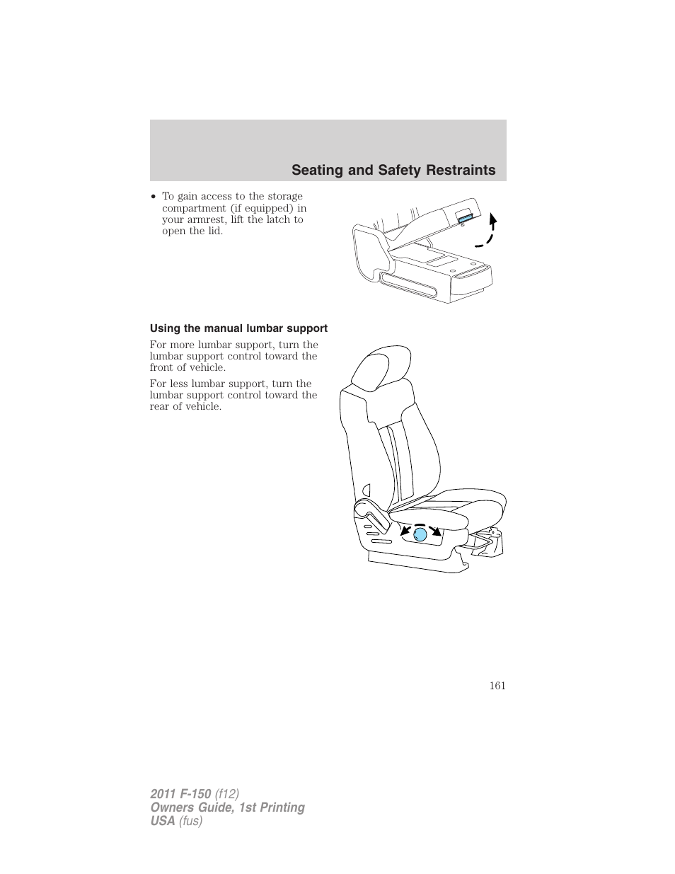 Using the manual lumbar support, Seating and safety restraints | FORD 2011 F-150 v.1 User Manual | Page 161 / 461