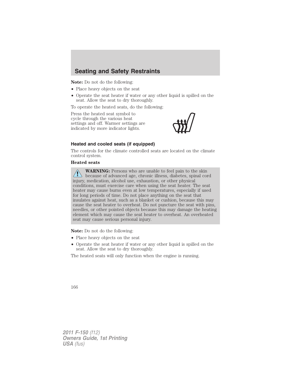 Heated and cooled seats (if equipped), Seating and safety restraints | FORD 2011 F-150 v.1 User Manual | Page 166 / 461