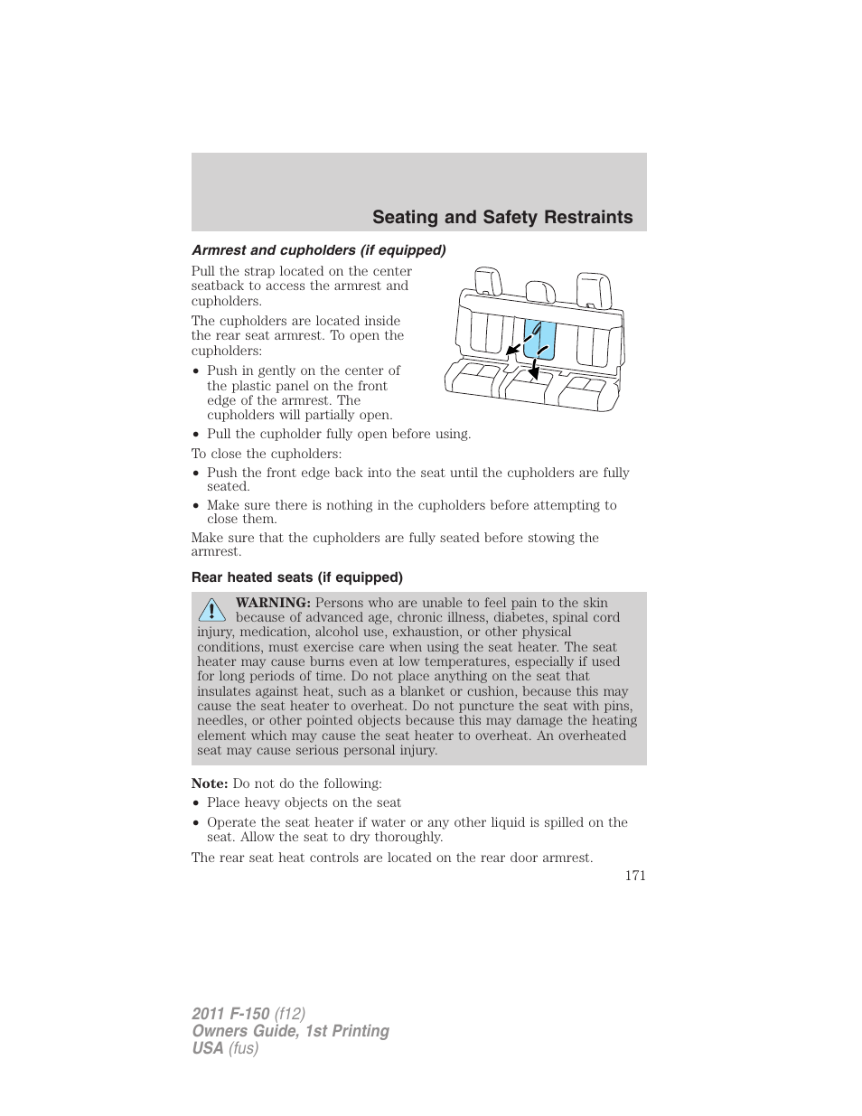 Armrest and cupholders (if equipped), Rear heated seats (if equipped), Seating and safety restraints | FORD 2011 F-150 v.1 User Manual | Page 171 / 461