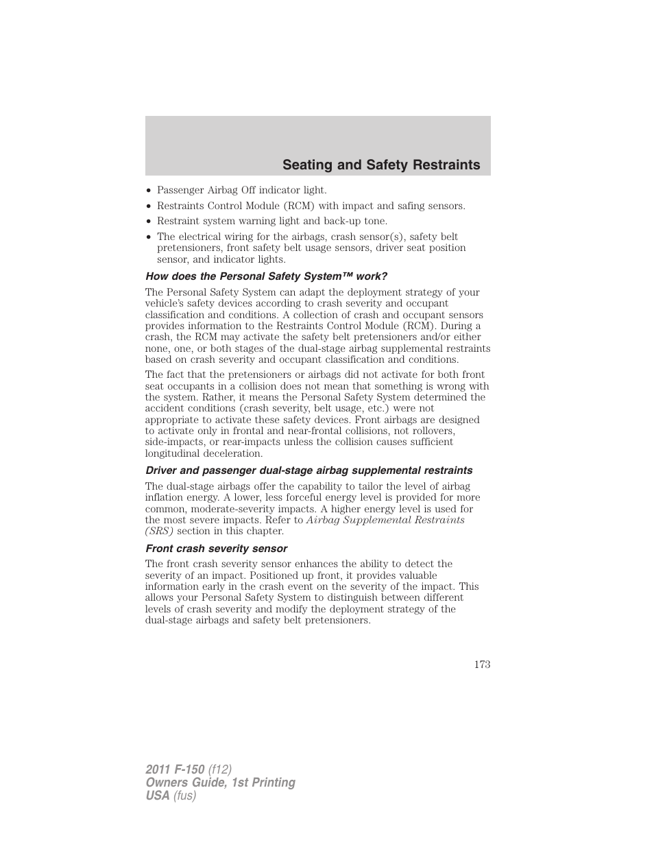 How does the personal safety system™ work, Front crash severity sensor, Seating and safety restraints | FORD 2011 F-150 v.1 User Manual | Page 173 / 461