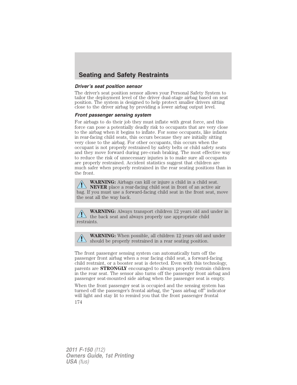 Driver’s seat position sensor, Front passenger sensing system, Seating and safety restraints | FORD 2011 F-150 v.1 User Manual | Page 174 / 461