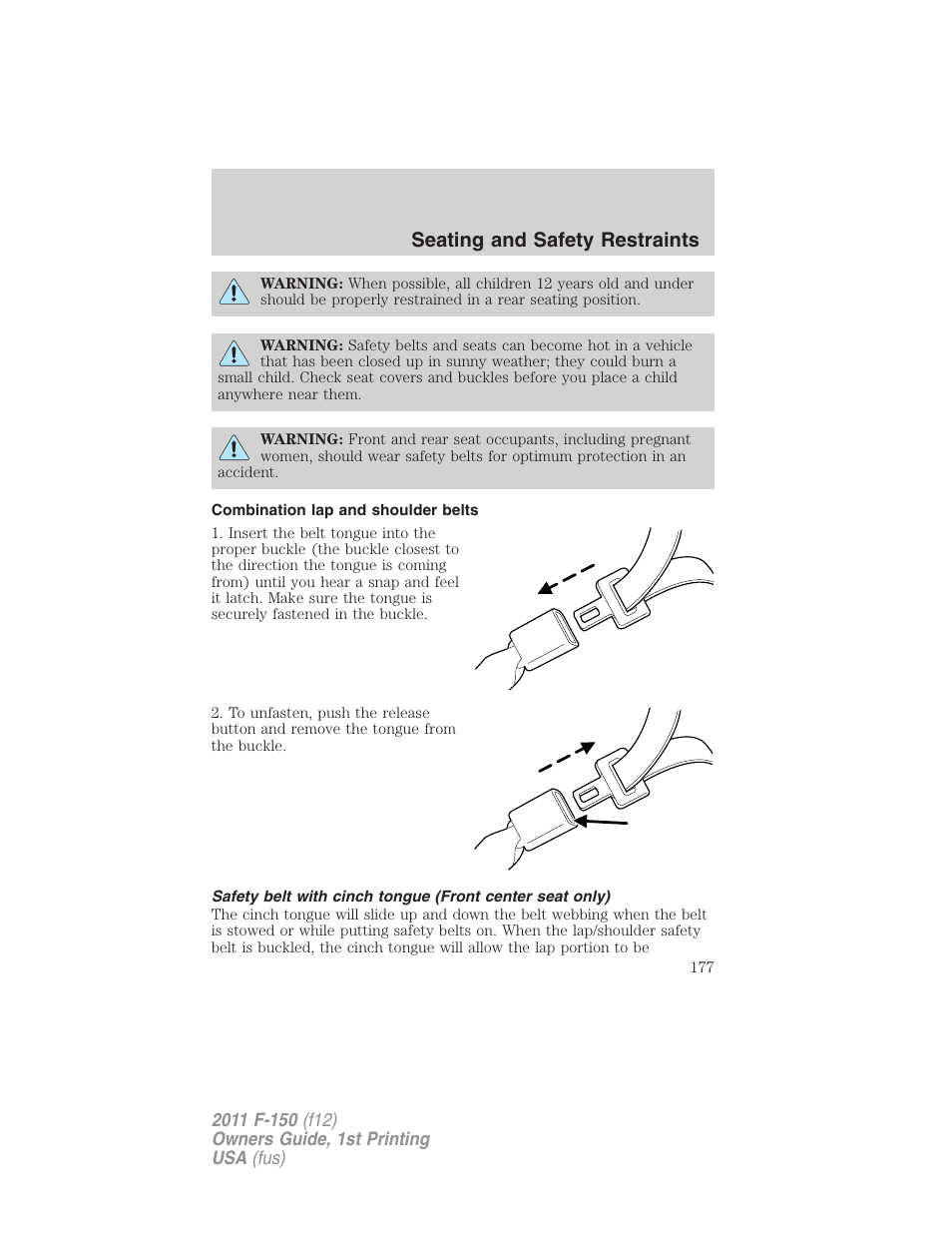 Combination lap and shoulder belts, Seating and safety restraints | FORD 2011 F-150 v.1 User Manual | Page 177 / 461