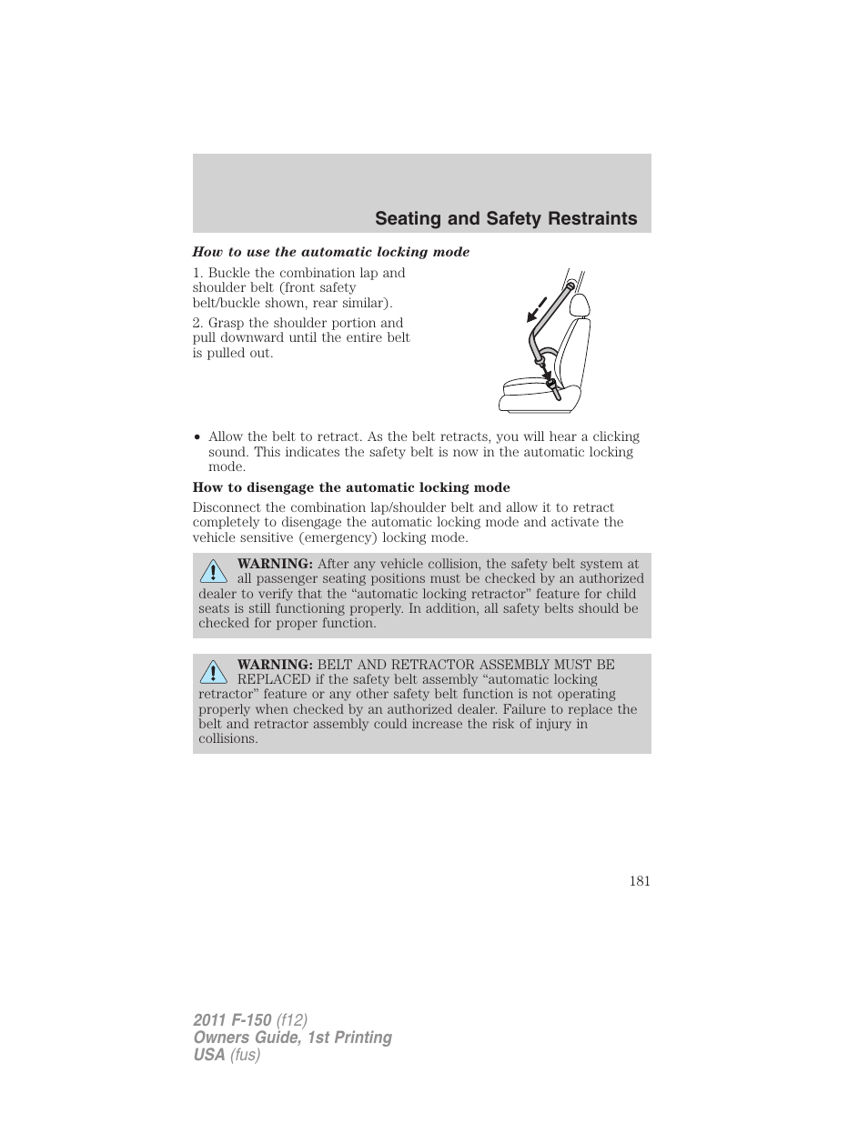 Seating and safety restraints | FORD 2011 F-150 v.1 User Manual | Page 181 / 461