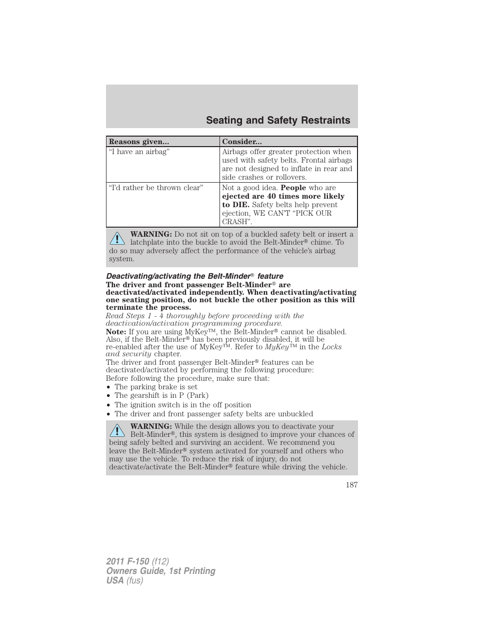 Deactivating/activating the belt-minder feature, Seating and safety restraints | FORD 2011 F-150 v.1 User Manual | Page 187 / 461