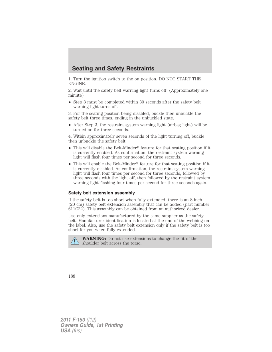 Safety belt extension assembly, Seating and safety restraints | FORD 2011 F-150 v.1 User Manual | Page 188 / 461