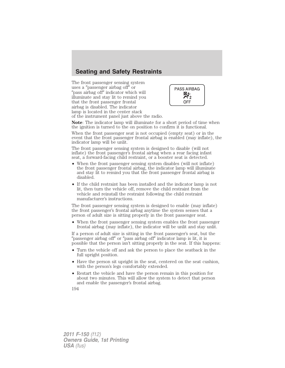 Seating and safety restraints | FORD 2011 F-150 v.1 User Manual | Page 194 / 461