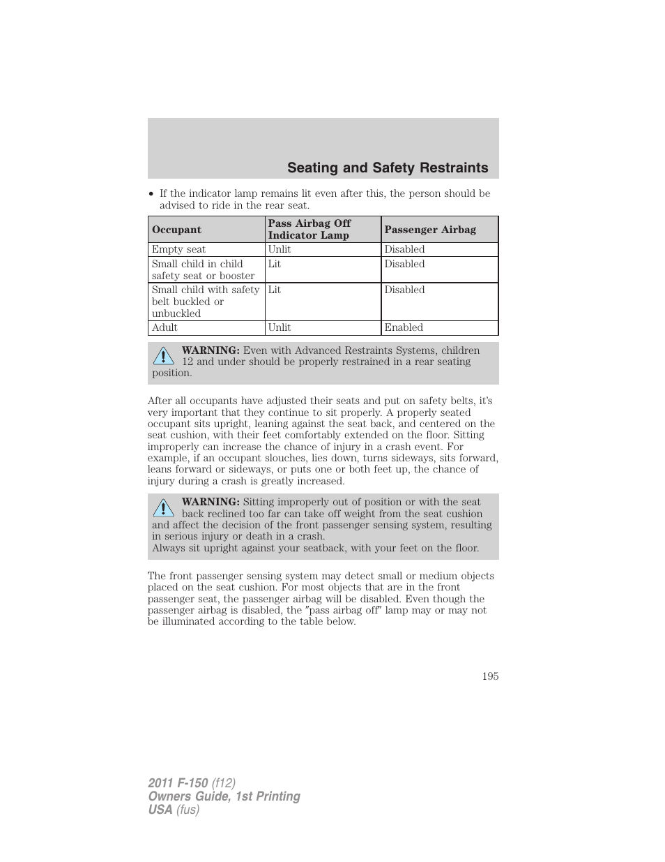 Seating and safety restraints | FORD 2011 F-150 v.1 User Manual | Page 195 / 461