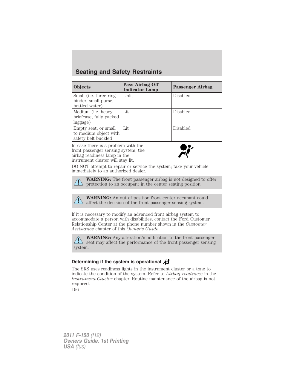 Determining if the system is operational, Seating and safety restraints | FORD 2011 F-150 v.1 User Manual | Page 196 / 461