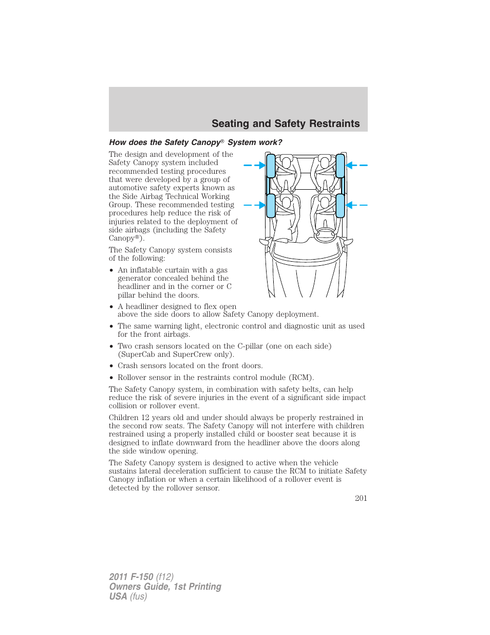 How does the safety canopy system work, Seating and safety restraints | FORD 2011 F-150 v.1 User Manual | Page 201 / 461