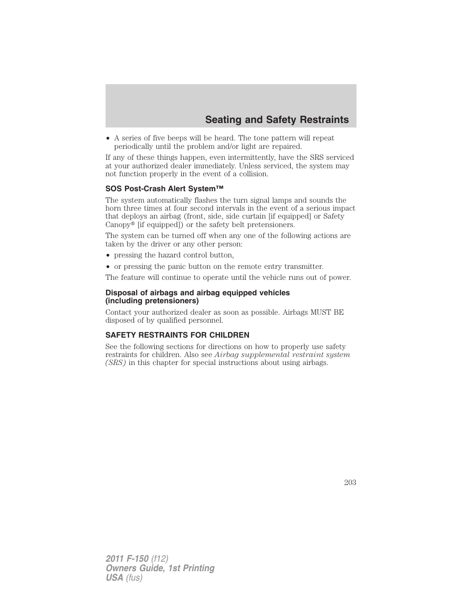 Sos post-crash alert system, Safety restraints for children, Child restraints | Seating and safety restraints | FORD 2011 F-150 v.1 User Manual | Page 203 / 461