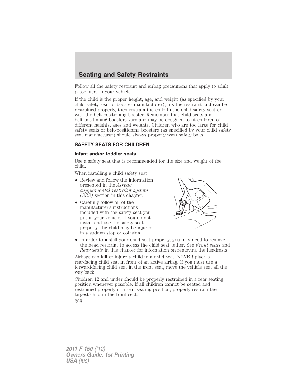 Safety seats for children, Infant and/or toddler seats, Seating and safety restraints | FORD 2011 F-150 v.1 User Manual | Page 208 / 461