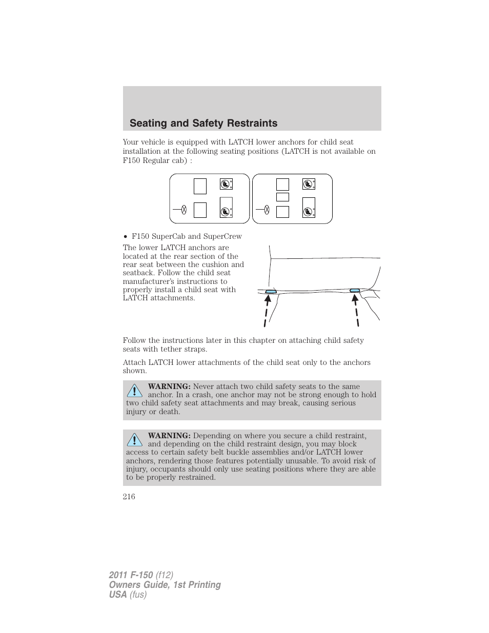 Seating and safety restraints | FORD 2011 F-150 v.1 User Manual | Page 216 / 461