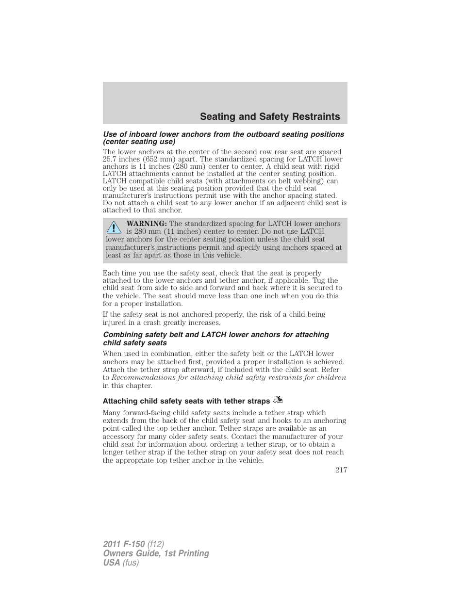 Attaching child safety seats with tether straps, Seating and safety restraints | FORD 2011 F-150 v.1 User Manual | Page 217 / 461