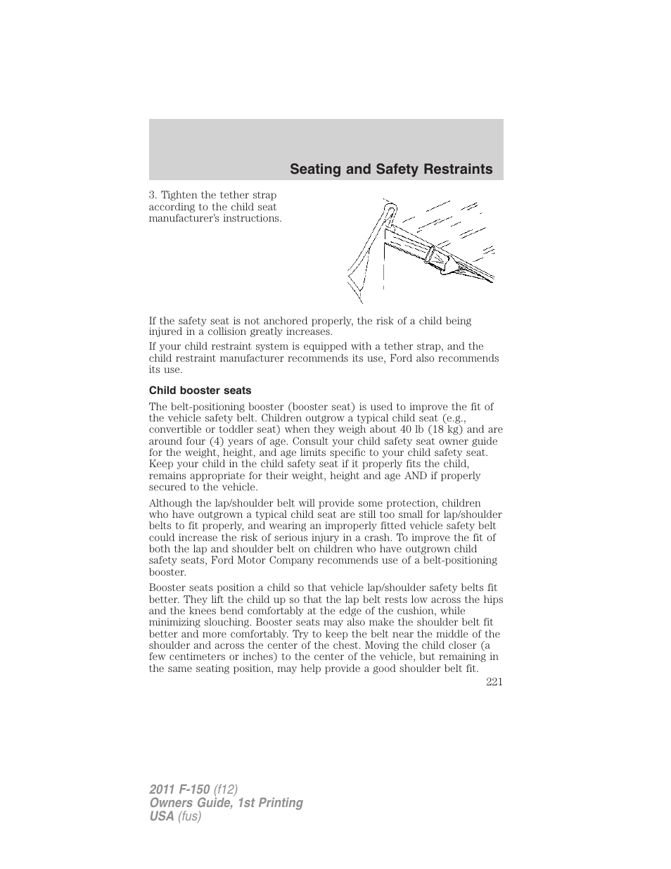 Child booster seats, Seating and safety restraints | FORD 2011 F-150 v.1 User Manual | Page 221 / 461