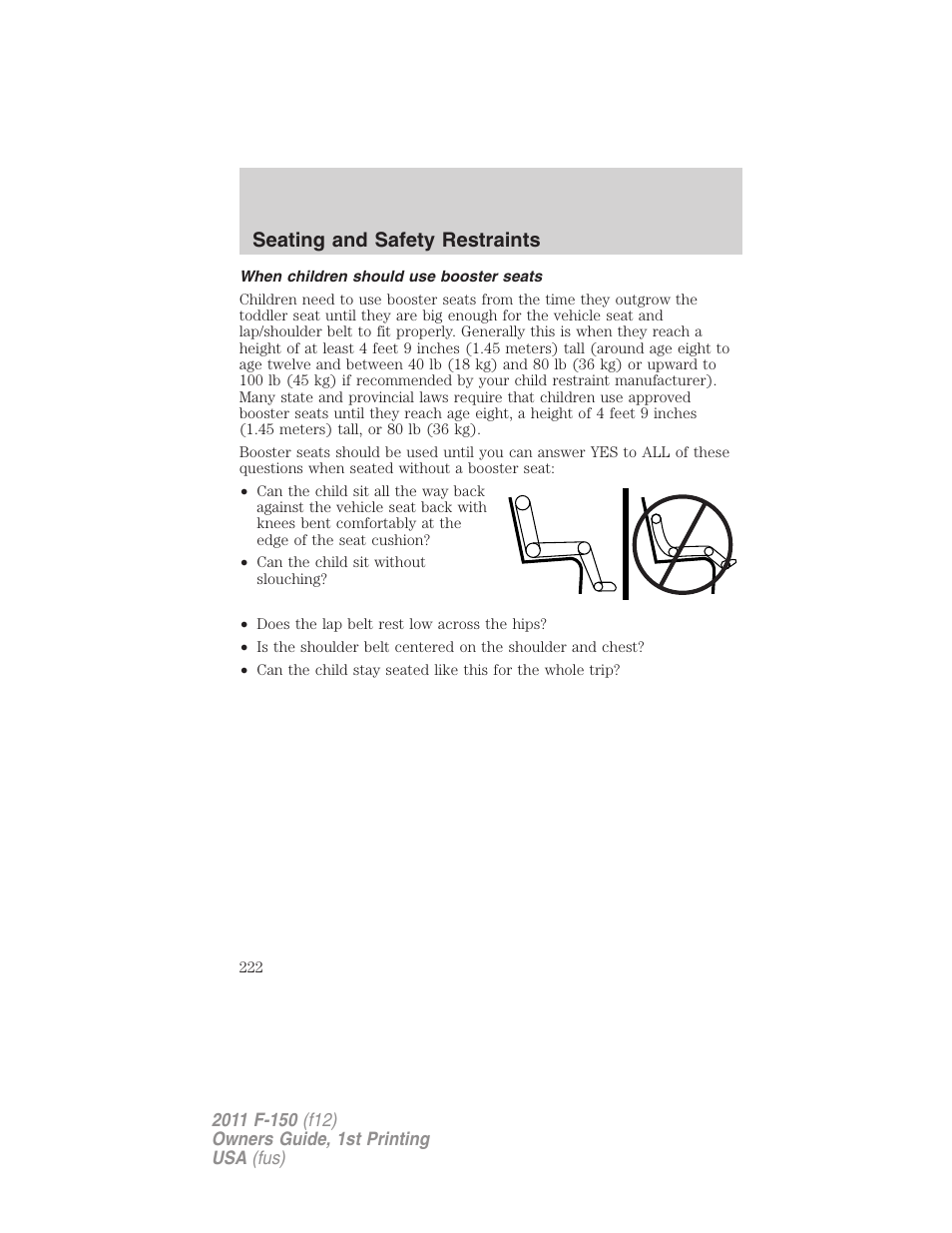 When children should use booster seats, Seating and safety restraints | FORD 2011 F-150 v.1 User Manual | Page 222 / 461