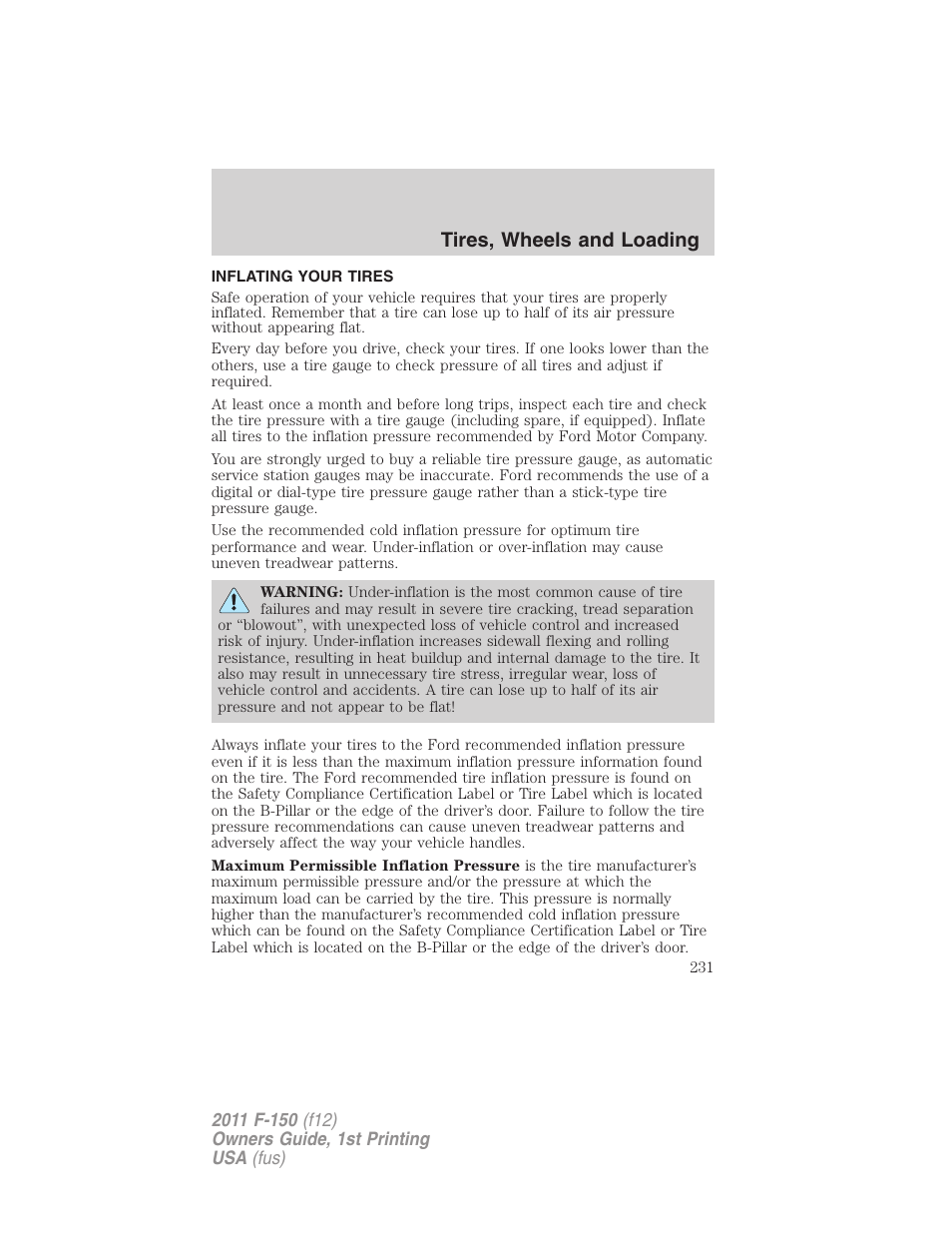 Inflating your tires, Tire inflation, Tires, wheels and loading | FORD 2011 F-150 v.1 User Manual | Page 231 / 461