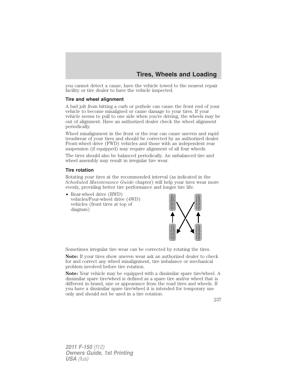 Tire and wheel alignment, Tire rotation, Tires, wheels and loading | FORD 2011 F-150 v.1 User Manual | Page 237 / 461