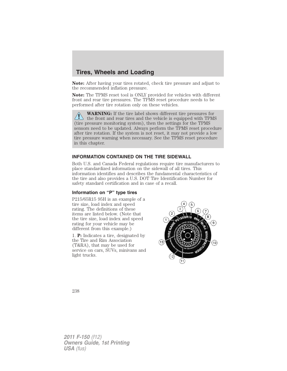 Information contained on the tire sidewall, Information on “p” type tires, Tires, wheels and loading | FORD 2011 F-150 v.1 User Manual | Page 238 / 461