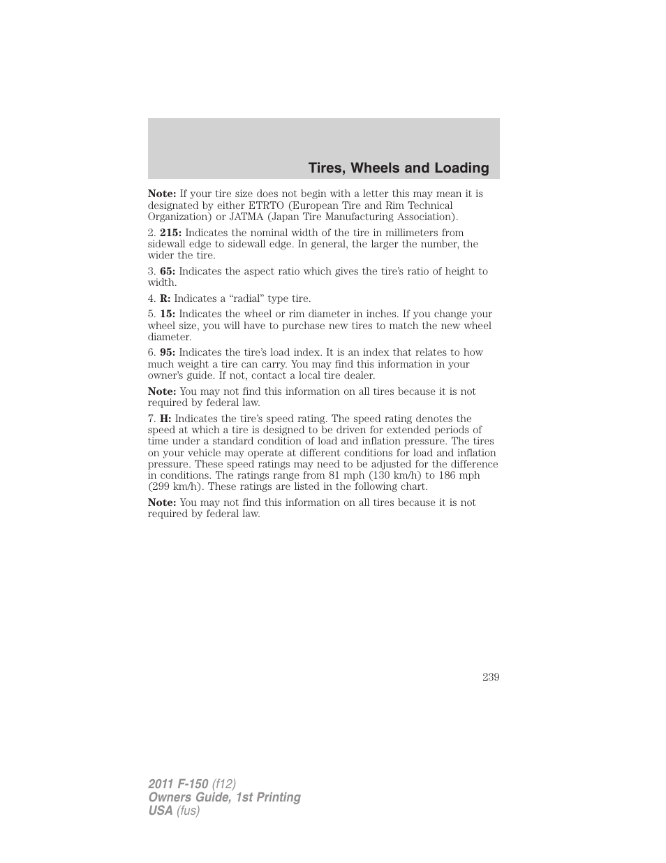 Tires, wheels and loading | FORD 2011 F-150 v.1 User Manual | Page 239 / 461