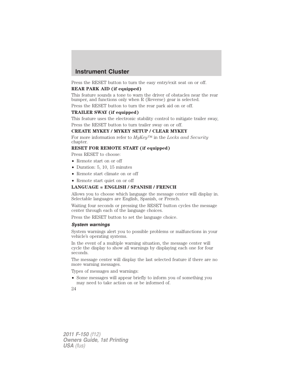 System warnings, Instrument cluster | FORD 2011 F-150 v.1 User Manual | Page 24 / 461