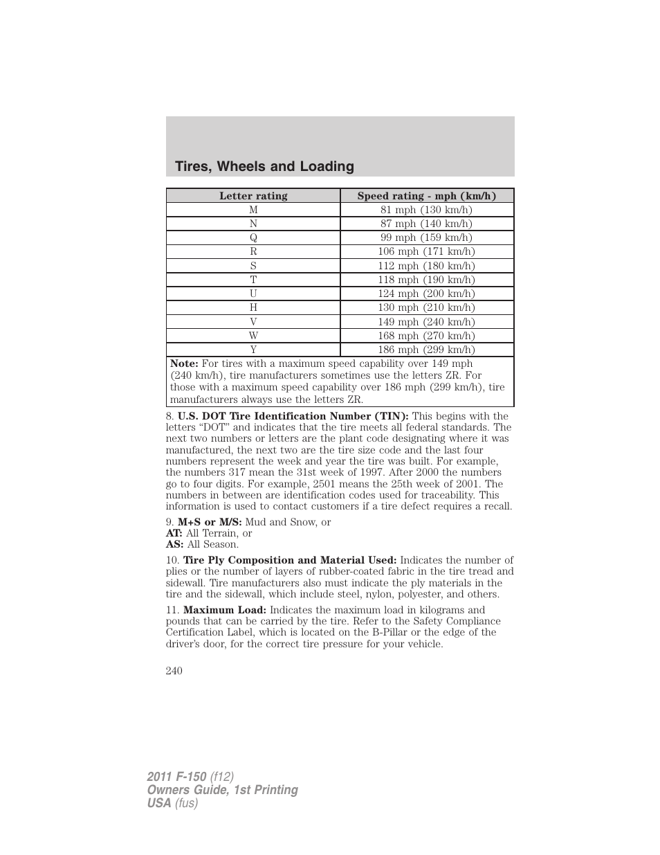 Tires, wheels and loading | FORD 2011 F-150 v.1 User Manual | Page 240 / 461