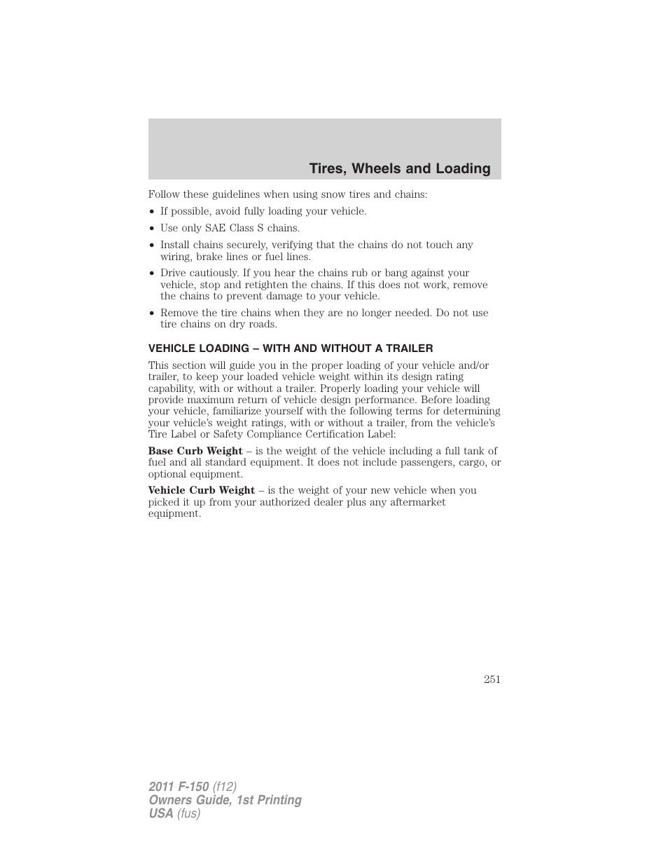 Vehicle loading – with and without a trailer, Vehicle loading, Tires, wheels and loading | FORD 2011 F-150 v.1 User Manual | Page 251 / 461