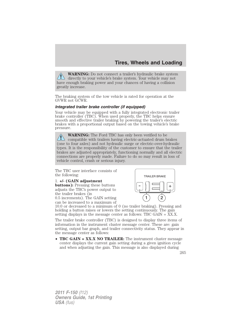 Integrated trailer brake controller (if equipped), Trailer brake controller-integrated, Tires, wheels and loading | FORD 2011 F-150 v.1 User Manual | Page 265 / 461