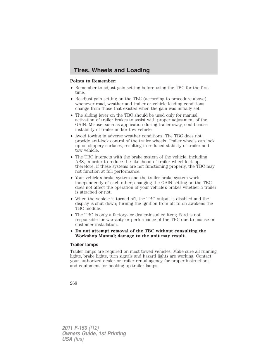Trailer lamps, Tires, wheels and loading | FORD 2011 F-150 v.1 User Manual | Page 268 / 461