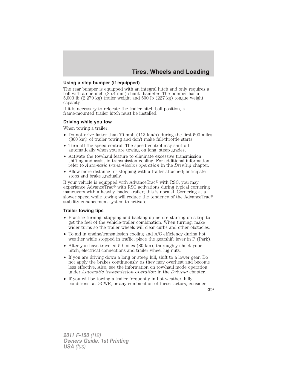 Using a step bumper (if equipped), Driving while you tow, Trailer towing tips | Tires, wheels and loading | FORD 2011 F-150 v.1 User Manual | Page 269 / 461