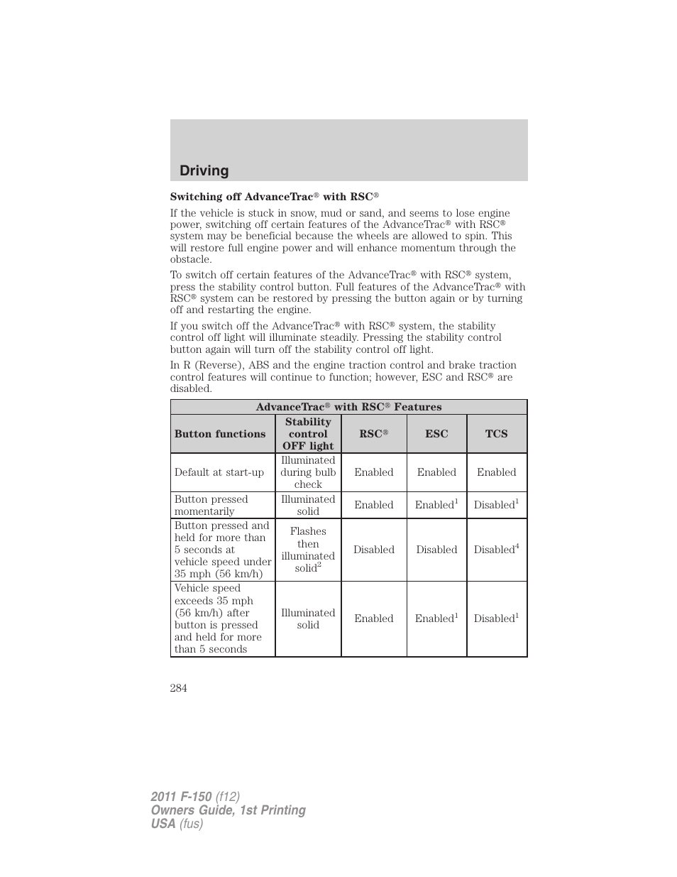 Driving | FORD 2011 F-150 v.1 User Manual | Page 284 / 461