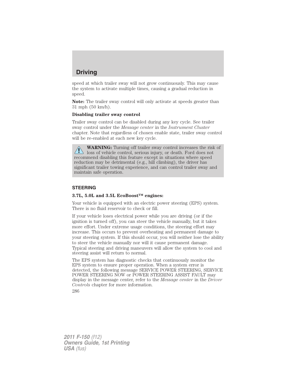 Steering, Driving | FORD 2011 F-150 v.1 User Manual | Page 286 / 461
